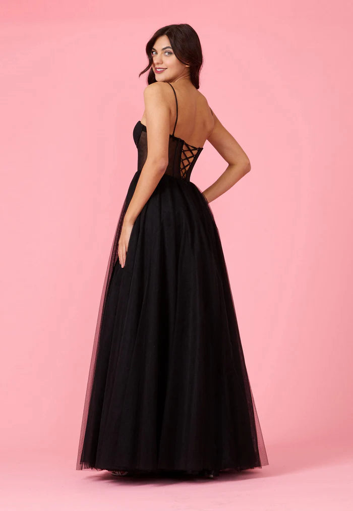 Edgy Black Strapless with Sheer Mesh Corset Bodice, Lace-Up Back and Flowy Tulle Ballgown Evening Dress