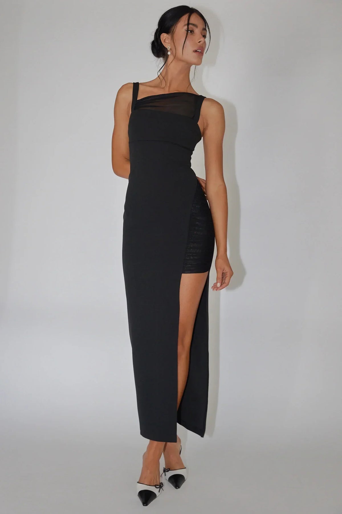 Edgy Fitted One-Shoulder Mesh Panel High Slit Maxi Evening Dress