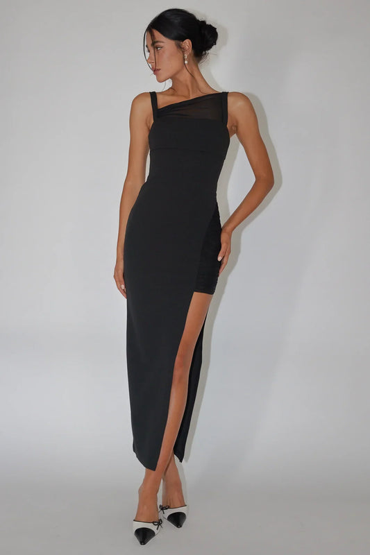 Edgy Fitted One-Shoulder Mesh Panel High Slit Maxi Evening Dress