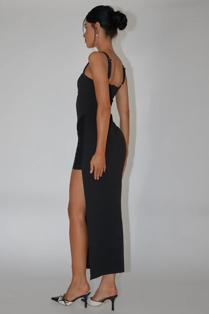 Edgy Fitted One-Shoulder Mesh Panel High Slit Maxi Evening Dress