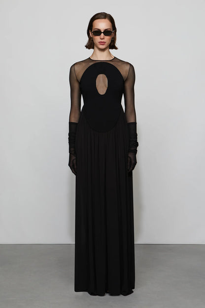 Edgy Modern Black Sheer Mesh Long Sleeve Cut-Out Detail Floor-Length Evening Dress