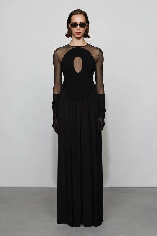 Edgy Modern Black Sheer Mesh Long Sleeve Cut-Out Detail Floor-Length Evening Dress