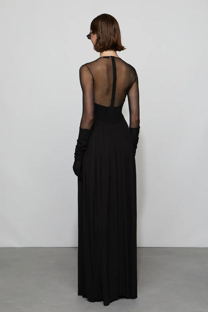Edgy Modern Black Sheer Mesh Long Sleeve Cut-Out Detail Floor-Length Evening Dress