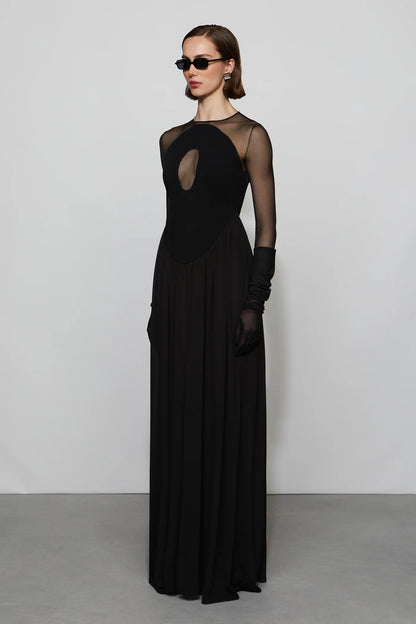 Edgy Modern Black Sheer Mesh Long Sleeve Cut-Out Detail Floor-Length Evening Dress