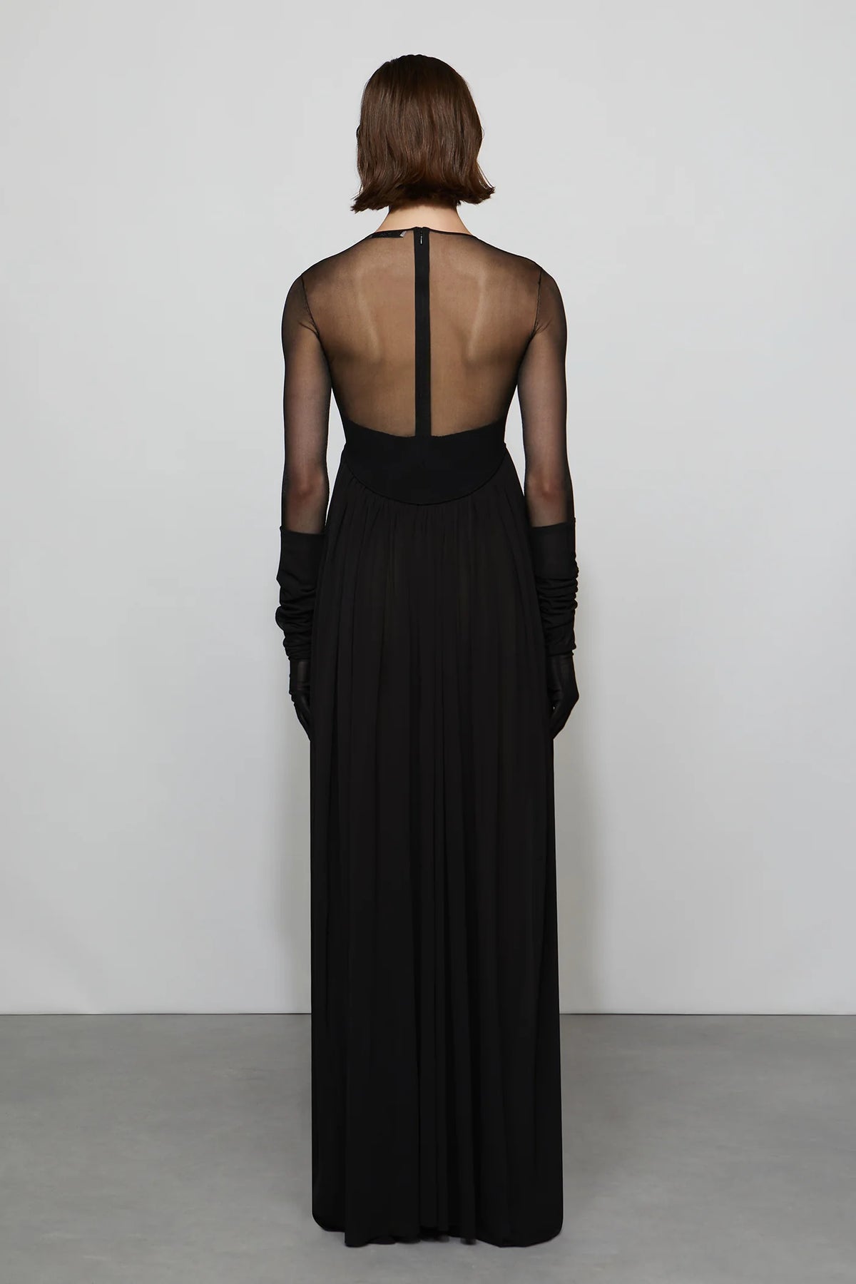 Edgy Modern Black Sheer Mesh Long Sleeve Cut-Out Detail Floor-Length Evening Dress