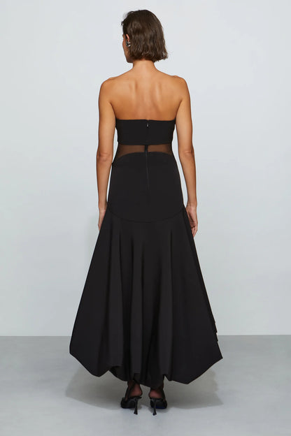 Edgy Modern Black Strapless Sweetheart Neck Sheer Mesh Cut-Out Bubble Hem Midi Evening Dress