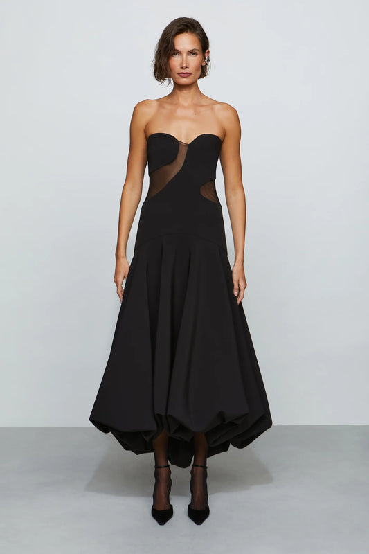 Edgy Modern Black Strapless Sweetheart Neck Sheer Mesh Cut-Out Bubble Hem Midi Evening Dress