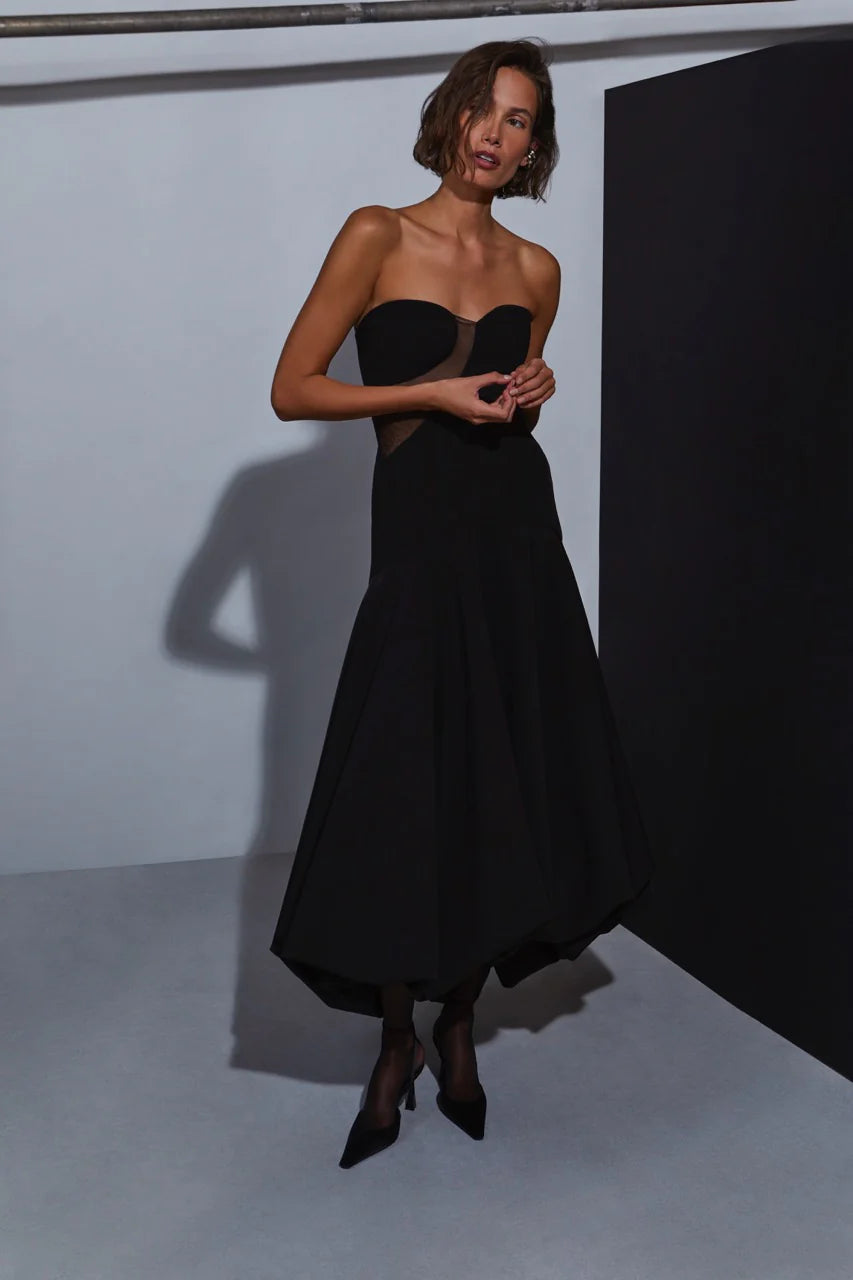 Edgy Modern Black Strapless Sweetheart Neck Sheer Mesh Cut-Out Bubble Hem Midi Evening Dress