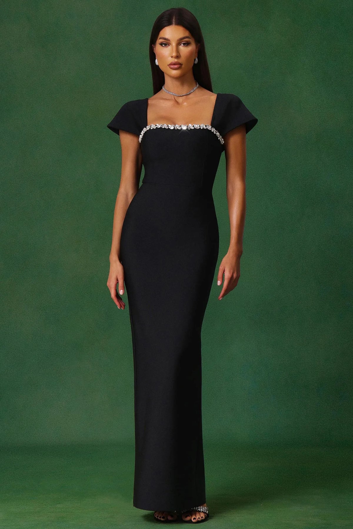 Elegant Black Cap-Sleeve with Crystal Trim Sweetheart Neckline and Open Back Mermaid Evening Dress