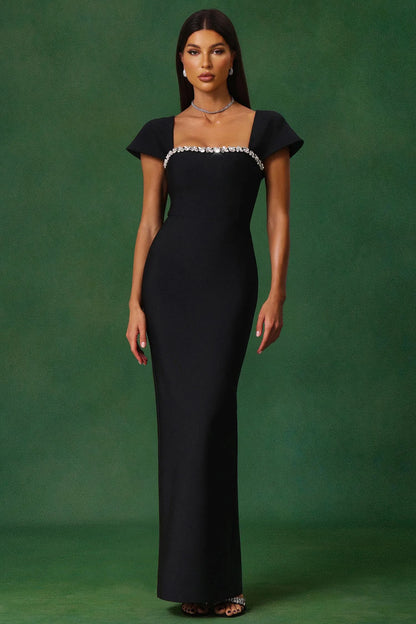 Elegant Black Cap-Sleeve with Crystal Trim Sweetheart Neckline and Open Back Mermaid Evening Dress