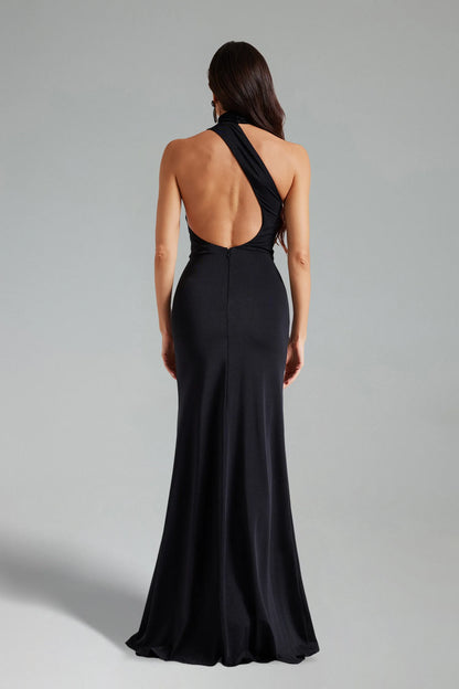 Elegant Black One-Shoulder Halter with Open Back and High Slit Mermaid Evening Dress
