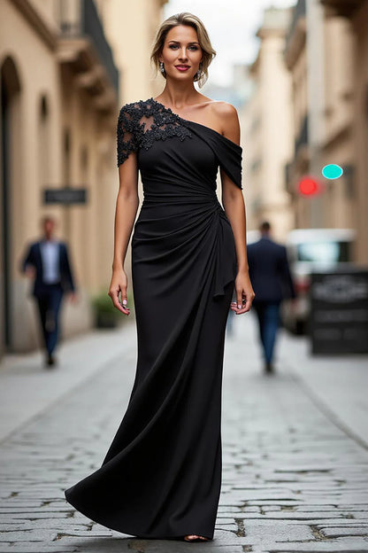 Elegant Black One-Shoulder Lace-Embellished Ruched Mermaid Floor Length Evening Dress