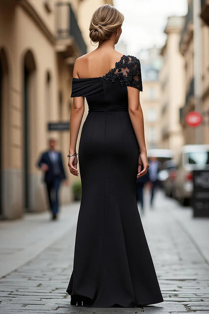 Elegant Black One-Shoulder Lace-Embellished Ruched Mermaid Floor Length Evening Dress