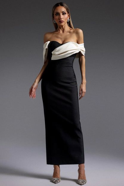 Elegant Black and Ivory Off-the-Shoulder with Oversized Satin Collar and High Slit Mermaid Evening Dress
