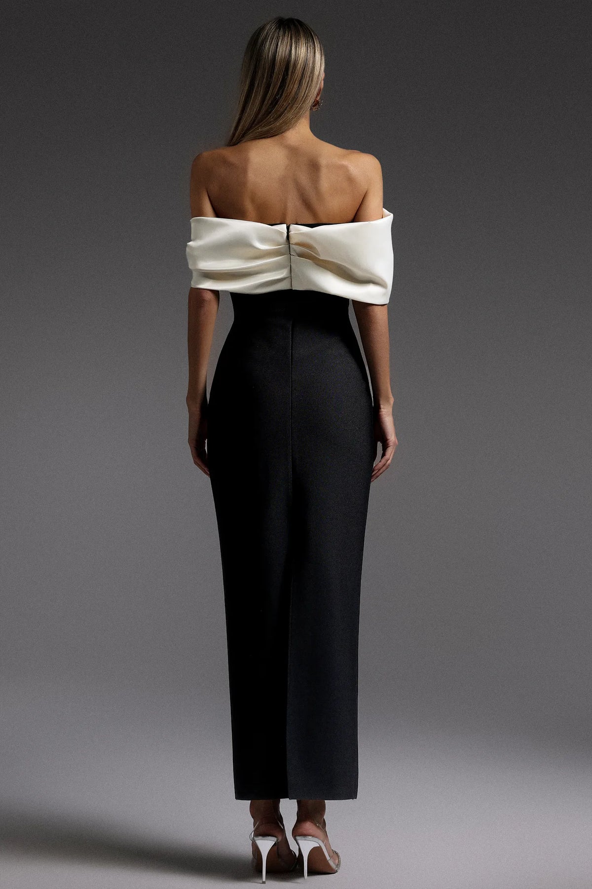 Elegant Black and Ivory Off-the-Shoulder with Oversized Satin Collar and High Slit Mermaid Evening Dress