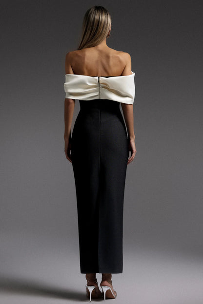 Elegant Black and Ivory Off-the-Shoulder with Oversized Satin Collar and High Slit Mermaid Evening Dress