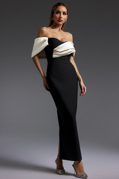 Elegant Black and Ivory Off-the-Shoulder with Oversized Satin Collar and High Slit Mermaid Evening Dress