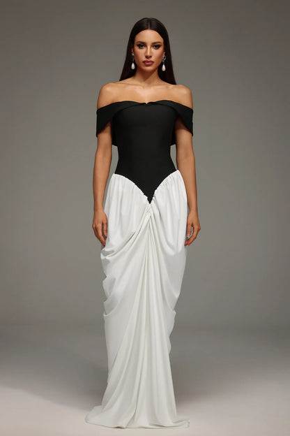 Elegant Black and White Off-the-Shoulder with Corset Lace-Up Back and Ruched Mermaid Evening Dress