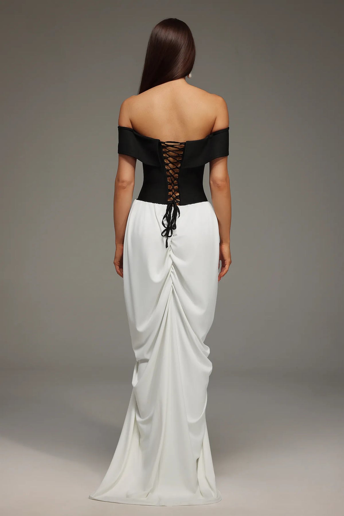 Elegant Black and White Off-the-Shoulder with Corset Lace-Up Back and Ruched Mermaid Evening Dress