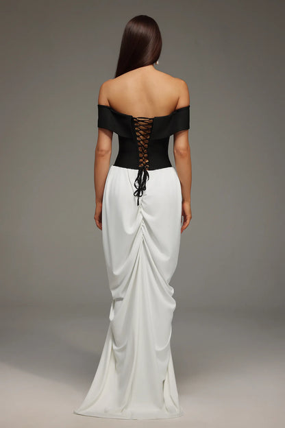 Elegant Black and White Off-the-Shoulder with Corset Lace-Up Back and Ruched Mermaid Evening Dress