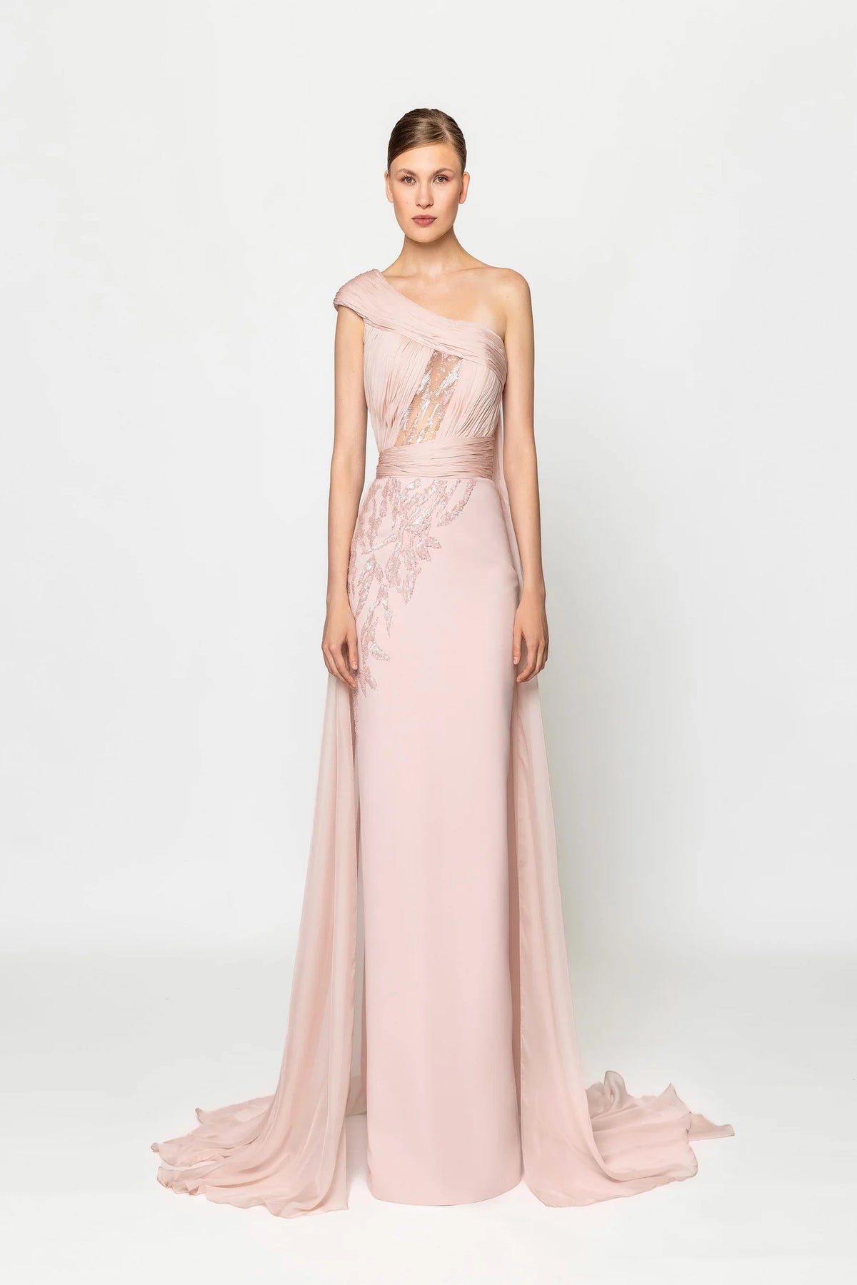 Elegant Blush Pink One-Shoulder Sequin-Embellished Sheer Panel Train Evening Dress