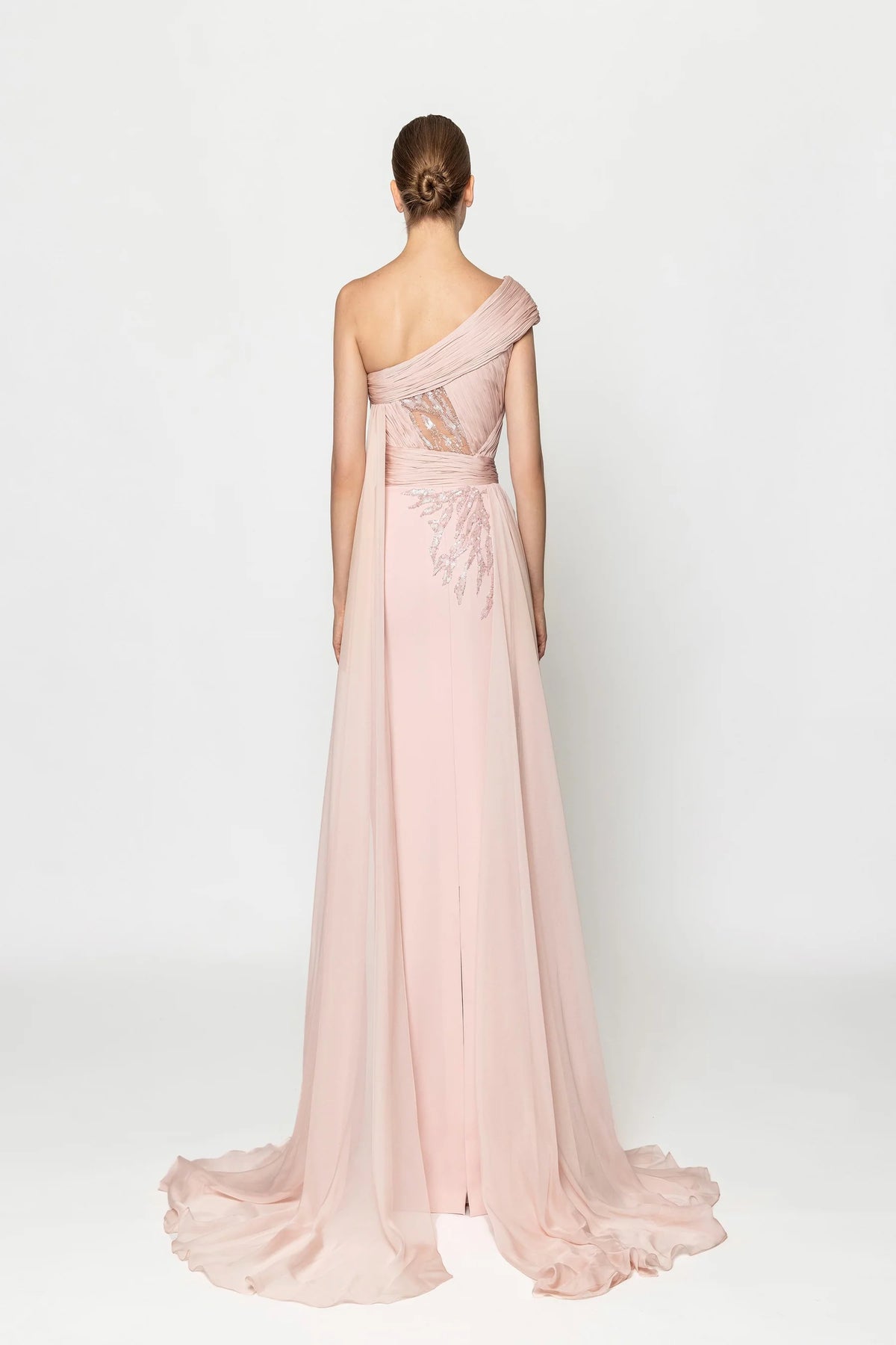 Elegant Blush Pink One-Shoulder Sequin-Embellished Sheer Panel Train Evening Dress