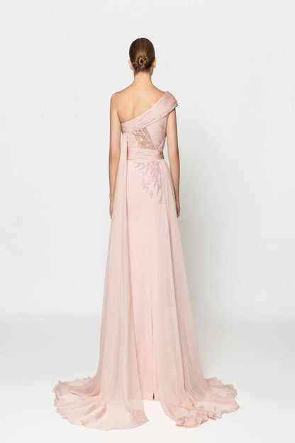 Elegant Blush Pink One-Shoulder Sequin-Embellished Sheer Panel Train Evening Dress