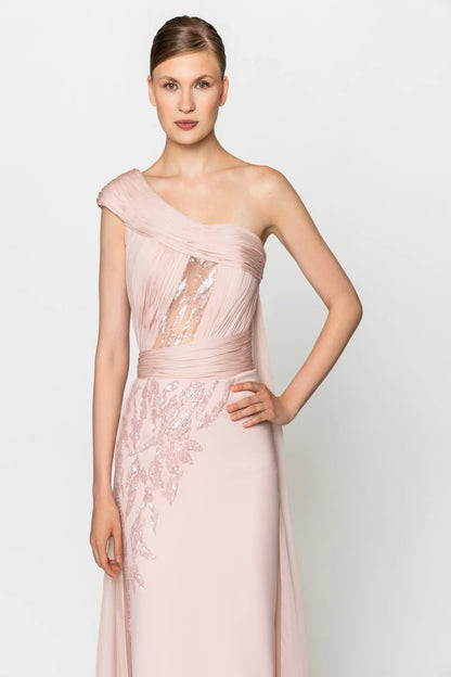 Elegant Blush Pink One-Shoulder Sequin-Embellished Sheer Panel Train Evening Dress