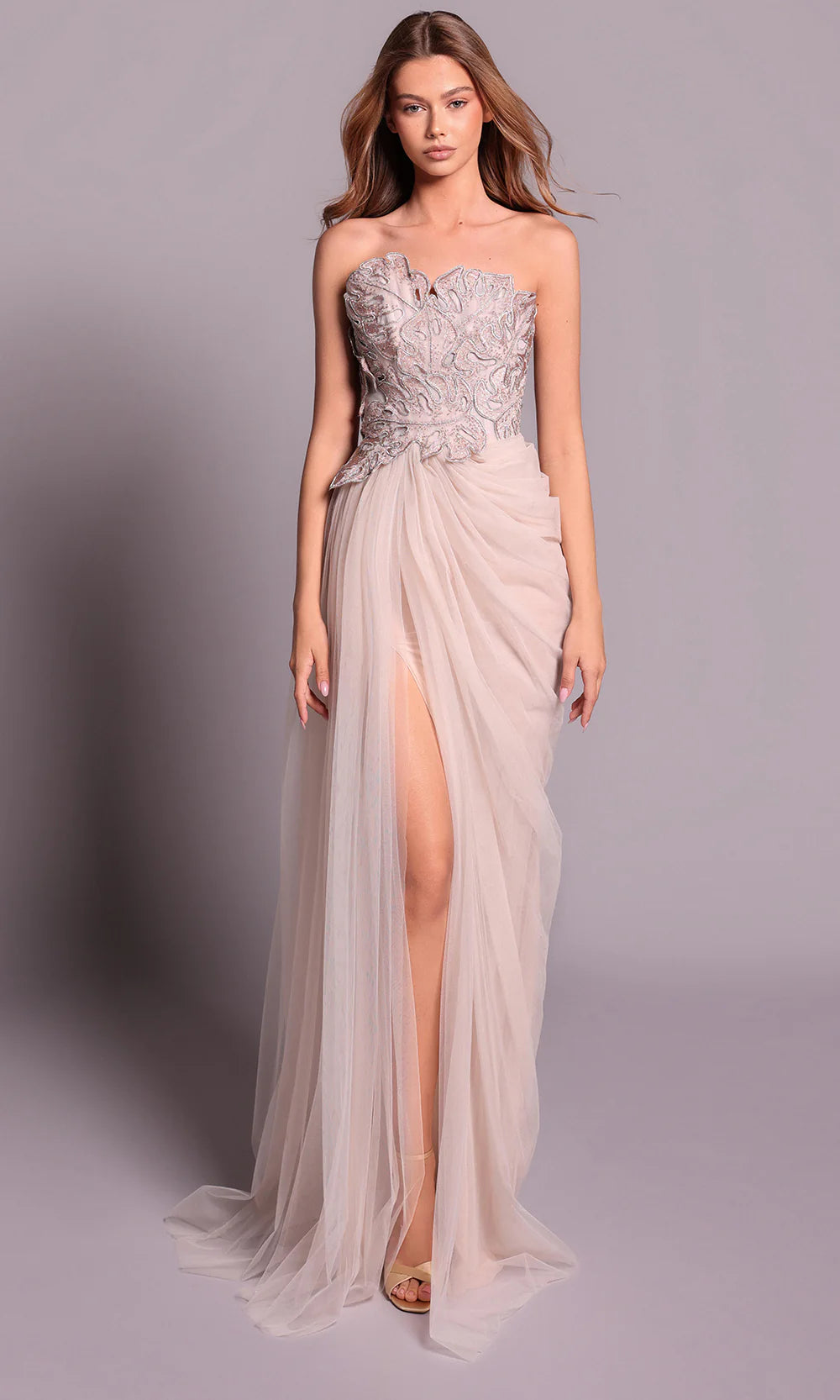 Elegant Blush Tulle Strapless Embellished Bodice High Slit Evening Dress