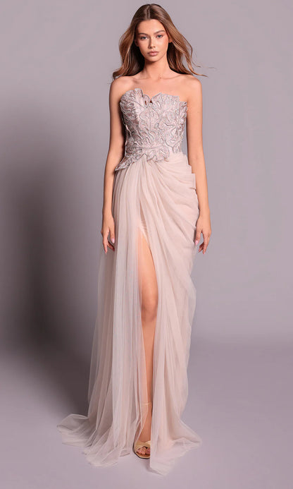 Elegant Blush Tulle Strapless Embellished Bodice High Slit Evening Dress