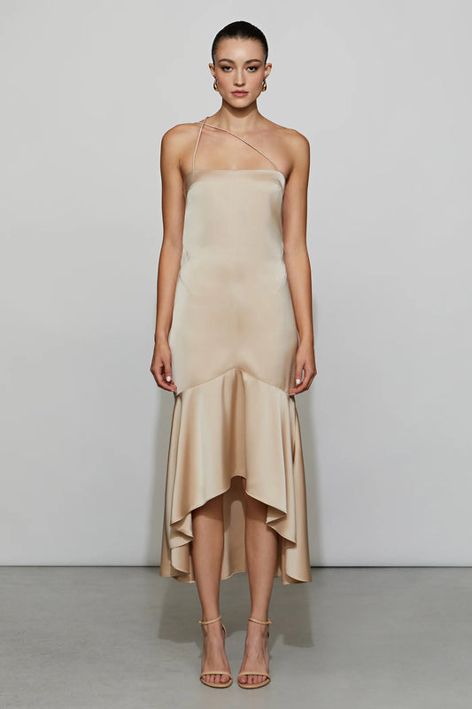 Elegant Champagne Satin Asymmetrical Strap Strapless Double Ruffle High-Low Midi Evening Dress