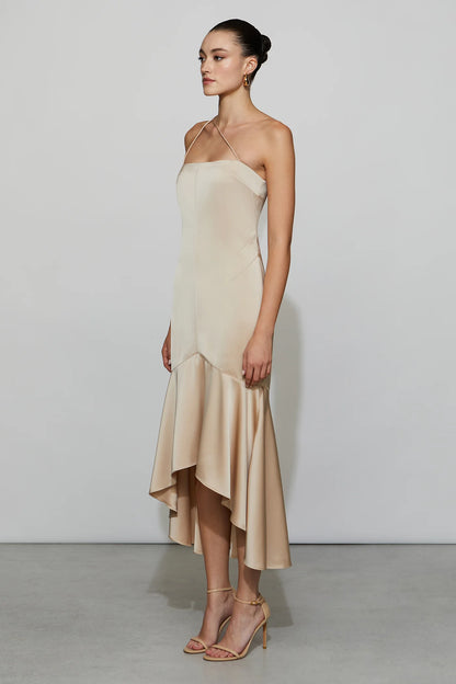 Elegant Champagne Satin Asymmetrical Strap Strapless Double Ruffle High-Low Midi Evening Dress