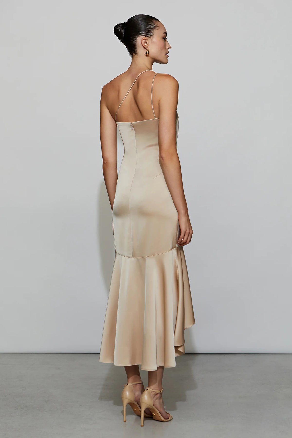 Elegant Champagne Satin Asymmetrical Strap Strapless Double Ruffle High-Low Midi Evening Dress
