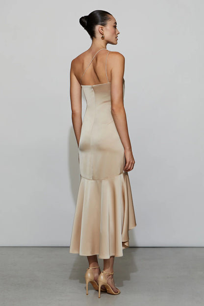 Elegant Champagne Satin Asymmetrical Strap Strapless Double Ruffle High-Low Midi Evening Dress