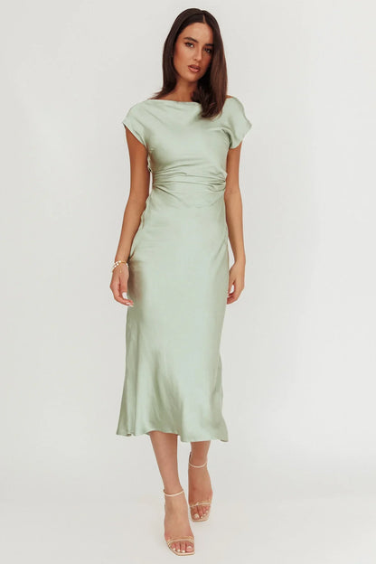 Elegant Fitted Boat Neck Cap Sleeve Ruched Waist Midi Evening Dress