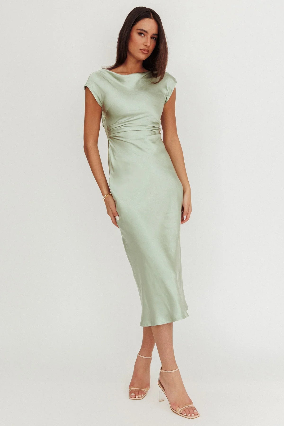 Elegant Fitted Boat Neck Cap Sleeve Ruched Waist Midi Evening Dress