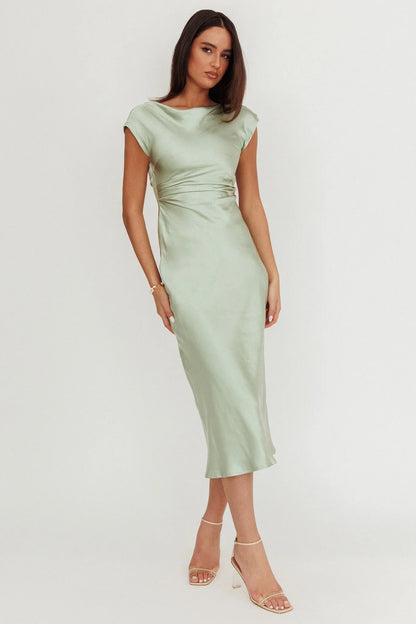 Elegant Fitted Boat Neck Cap Sleeve Ruched Waist Midi Evening Dress