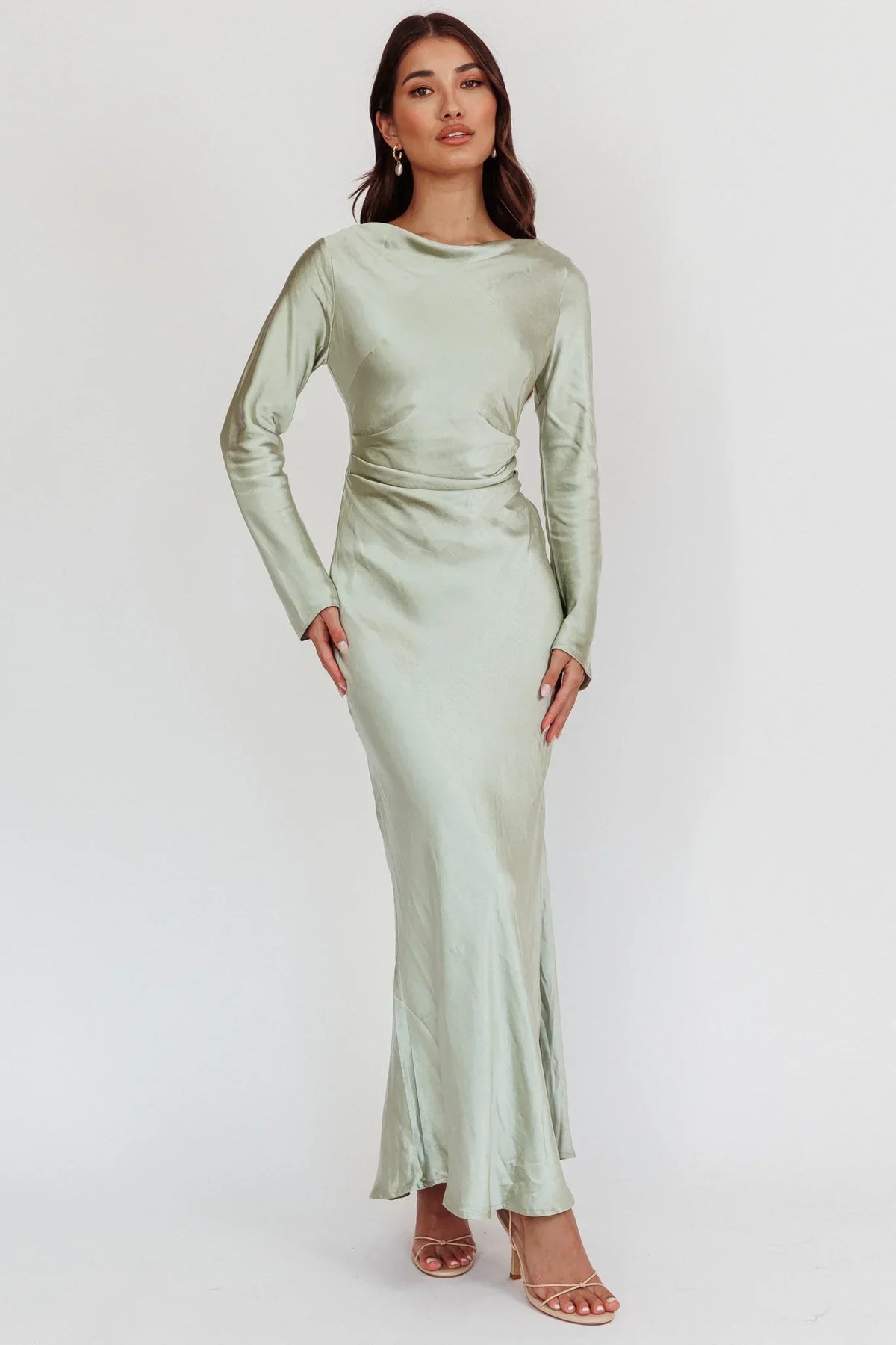 Elegant Fitted Crew Neck Long Sleeve Cowl Back Maxi Evening Dress