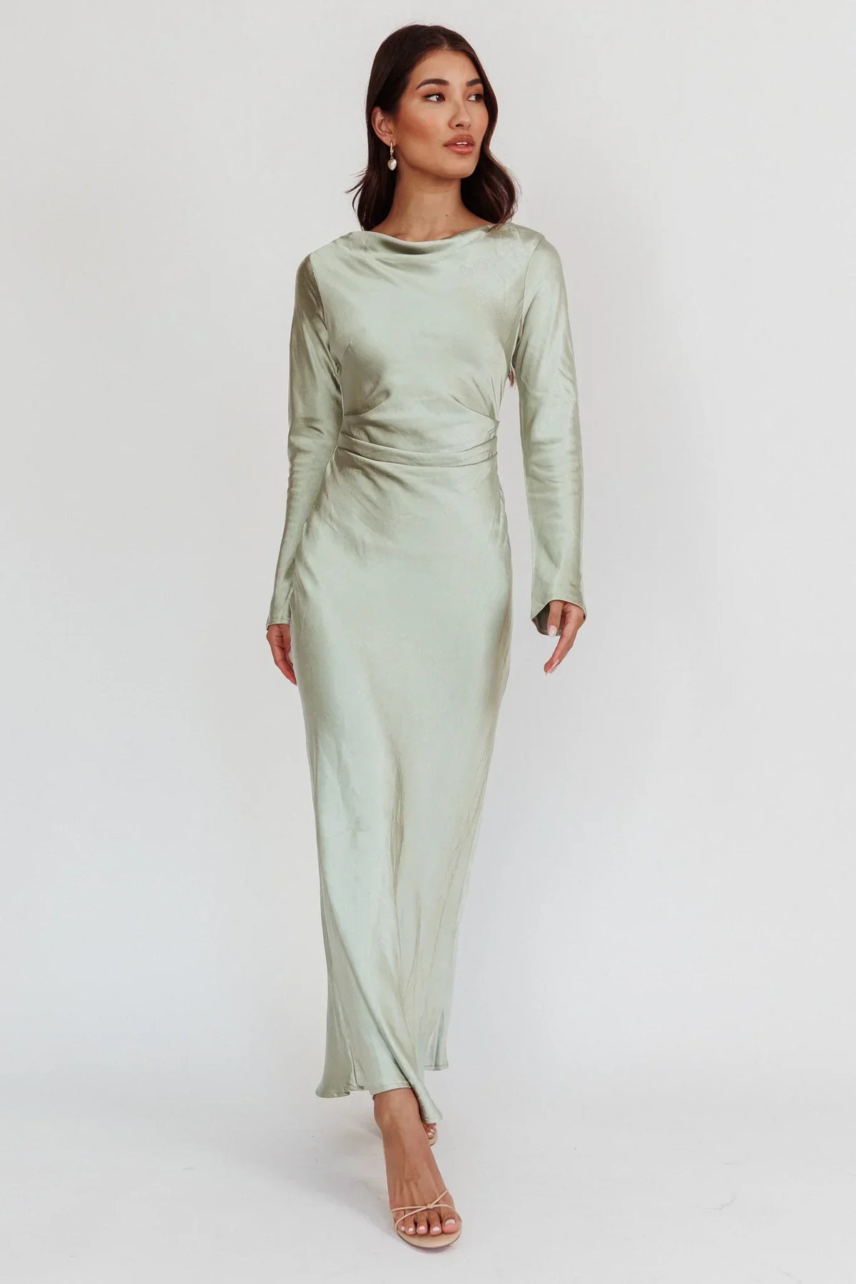 Elegant Fitted Crew Neck Long Sleeve Cowl Back Maxi Evening Dress