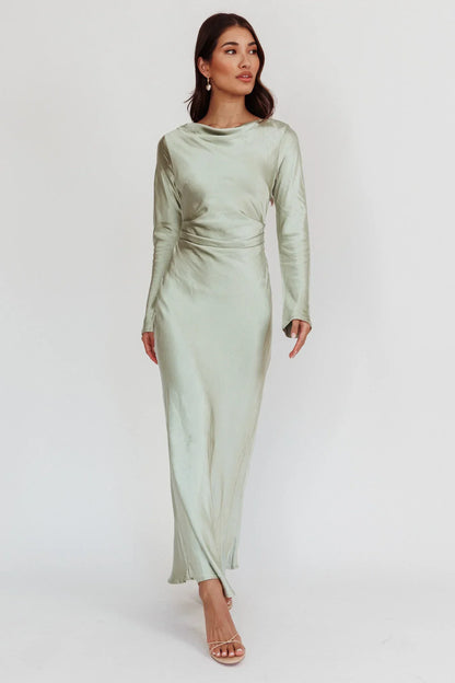 Elegant Fitted Crew Neck Long Sleeve Cowl Back Maxi Evening Dress