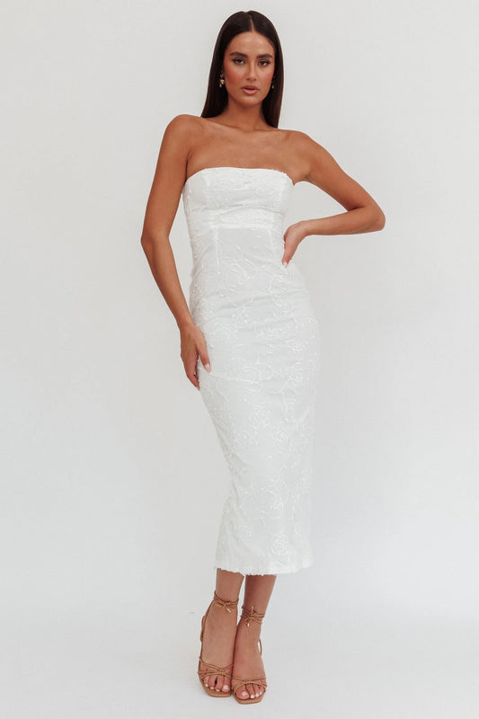 Elegant Fitted Strapless Floral Lace Midi Evening Dress