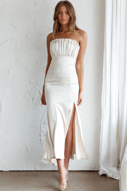 Elegant Fitted Strapless Ruched Bodice Satin Midi Evening Dress