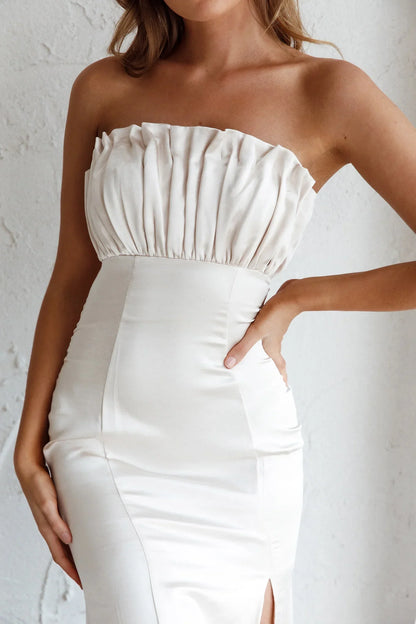 Elegant Fitted Strapless Ruched Bodice Satin Midi Evening Dress
