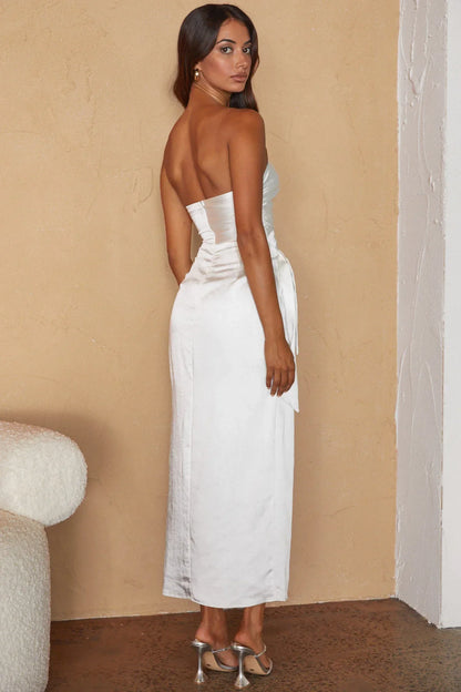 Elegant Fitted Strapless Twist Front Satin Midi Evening Dress