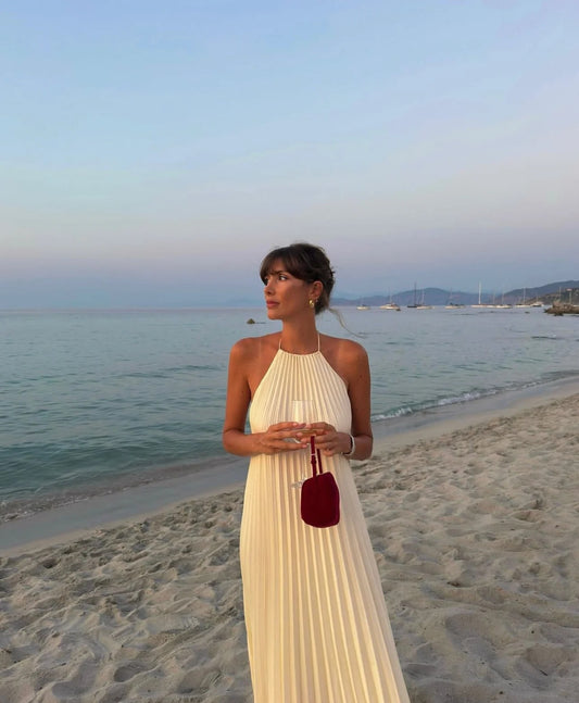 Elegant Halter Neck Backless Pleated Maxi Beach Wedding Prom Dress