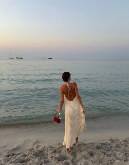 Elegant Halter Neck Backless Pleated Maxi Beach Wedding Prom Dress
