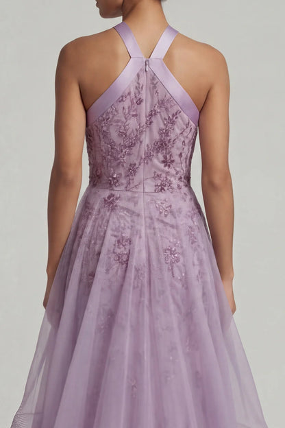 Elegant Halter Neck Sequin Floral Embellished Satin Strap Layered Tulle Maxi Prom Dress
