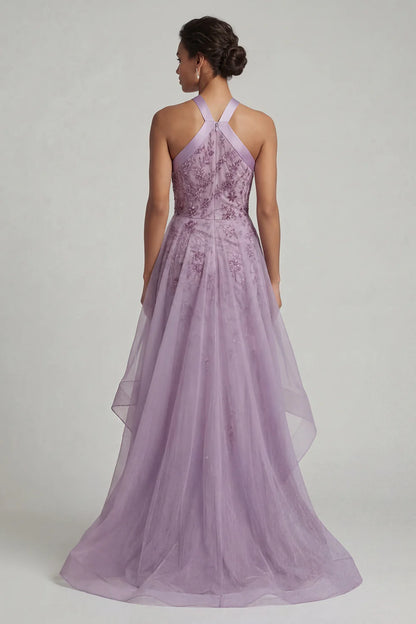 Elegant Halter Neck Sequin Floral Embellished Satin Strap Layered Tulle Maxi Prom Dress