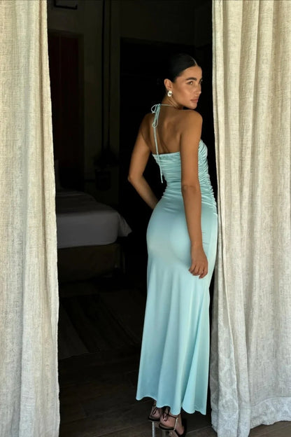 Elegant Halter Neck Twist Front Cut Out Ruched Satin Maxi Prom Dress