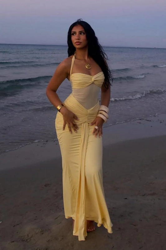 Elegant Halter Neck Twist Front Sheer Mesh Ruched Jersey Maxi Prom Dress